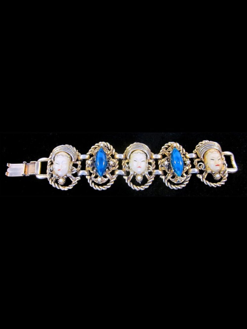 1950’S Vintage Selro Selini Thai Asian Princess Panel Bracelet, W/Faux Jade